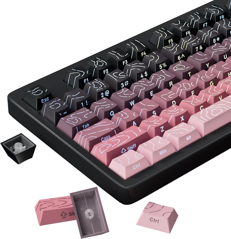 FunHub Shine Through PBT Keycaps - Pink Side Printed DoubleShot Keycaps Set 133 Keys 60 65 75 100 Percent Cherry Profile,Gradient Topographic RGB Backlit Key Caps for MX Full Size Mechanial Keyboards - Image 1